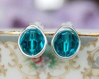 Blue Zircon Glass Studs , December Birthstone Earrings , Blue Green Studs