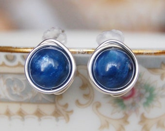 Kyanite Stud Earrings , Blue Gemstone Earrings , Sterling Silver Kyanite Earrings