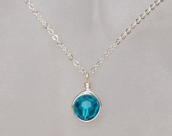 Blue Zircon Glass Necklace , December Birthstone Necklace , Blue Green Necklace