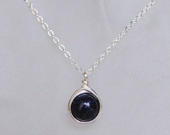 Blue Goldstone Necklace , Bridesmaids Necklace , Navy Silver Necklace