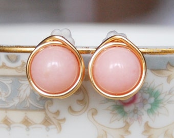 Light Pink Studs , Bridesmaid Earrings , Pink Mashan Jade Earrings , Gold Wire Wrapped Post Earrings