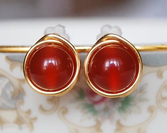 Carnelian Stud Earrings ,  Red Orange Earrings , Bridesmaid Earrings , Wire Wrapped Studs , Fall Earrings
