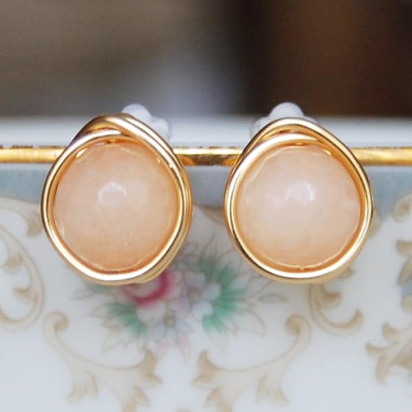 Peach Earrings , Bridesmaid Earrings , Peach Jade Studs ,  Silver Peach Earrings