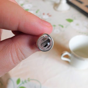 May include: A silver ring with a round, clear stone that has black and white streaks. The stone is set in a silver bezel.