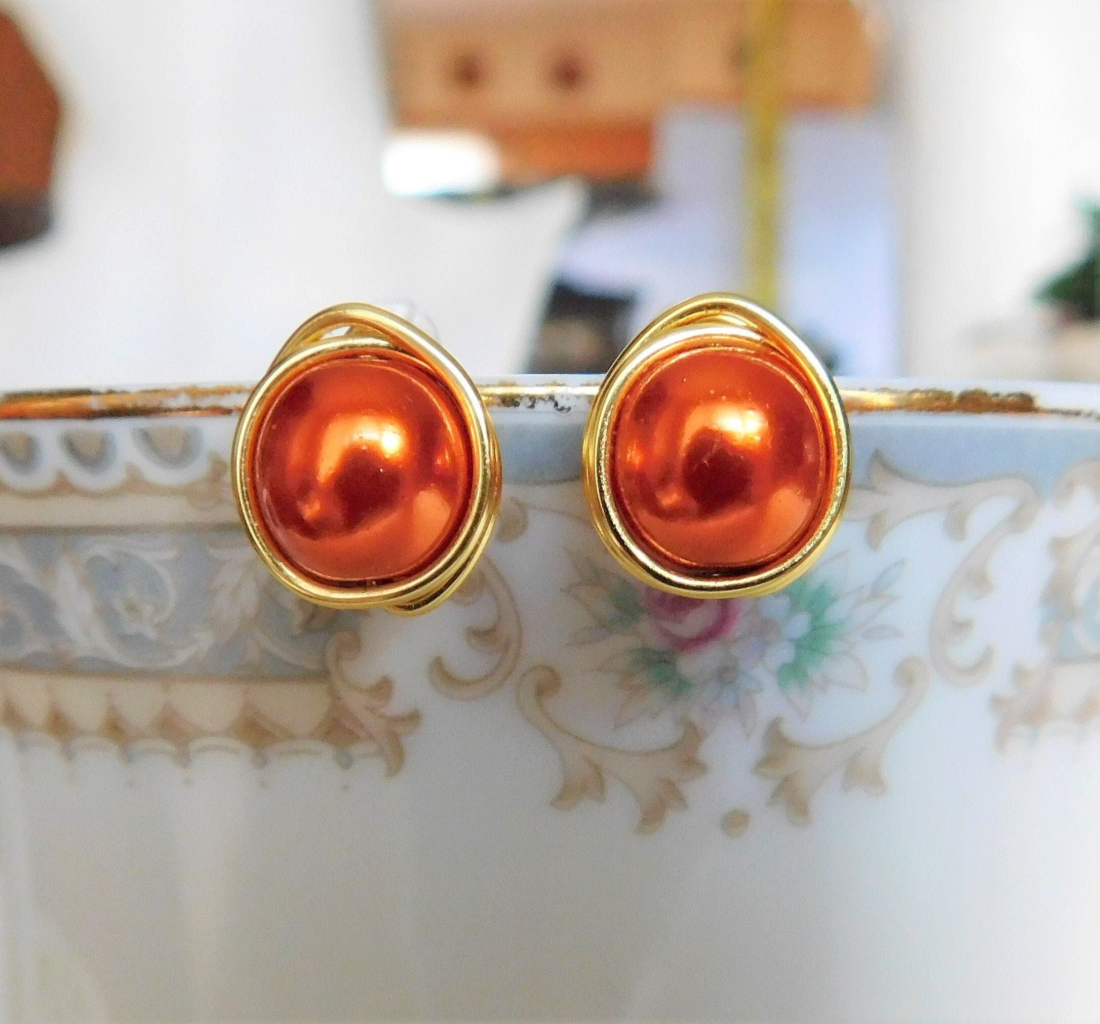 Burnt Orange Glass Pearl Earrings