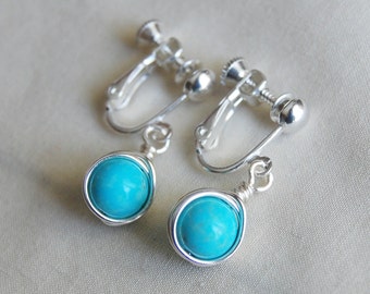 Turquoise Clip On Earrings , Light Blue Clip Ons , Turquoise Howlite Earrings, Screw Back Earrings