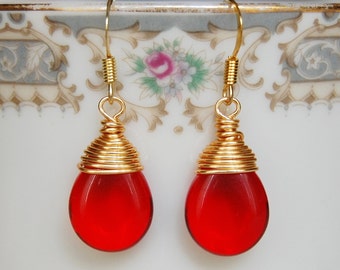 Red Earrings , Red Gold Earrings , Christmas Earrings , Wire Wrapped Earrings
