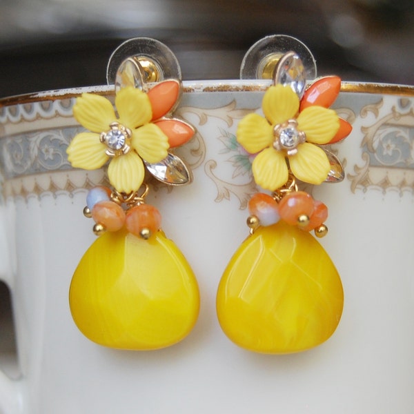 Yellow Post Dangle Earrings , Yellow Orange Earrings , Flower Post Earrings