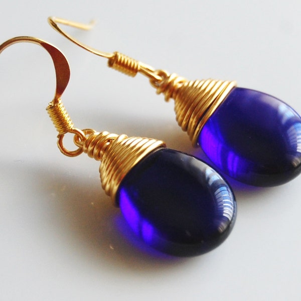 Cobalt Blue Earrings , Royal Blue Earrings , Blue Gold Earrings , Wire Wrapped Dangle Earrings