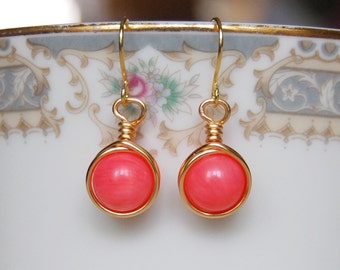 Pink Coral Earrings , Bridesmaid Earrings , Gold Drop Earrings , Pink Coral Gold Earrings