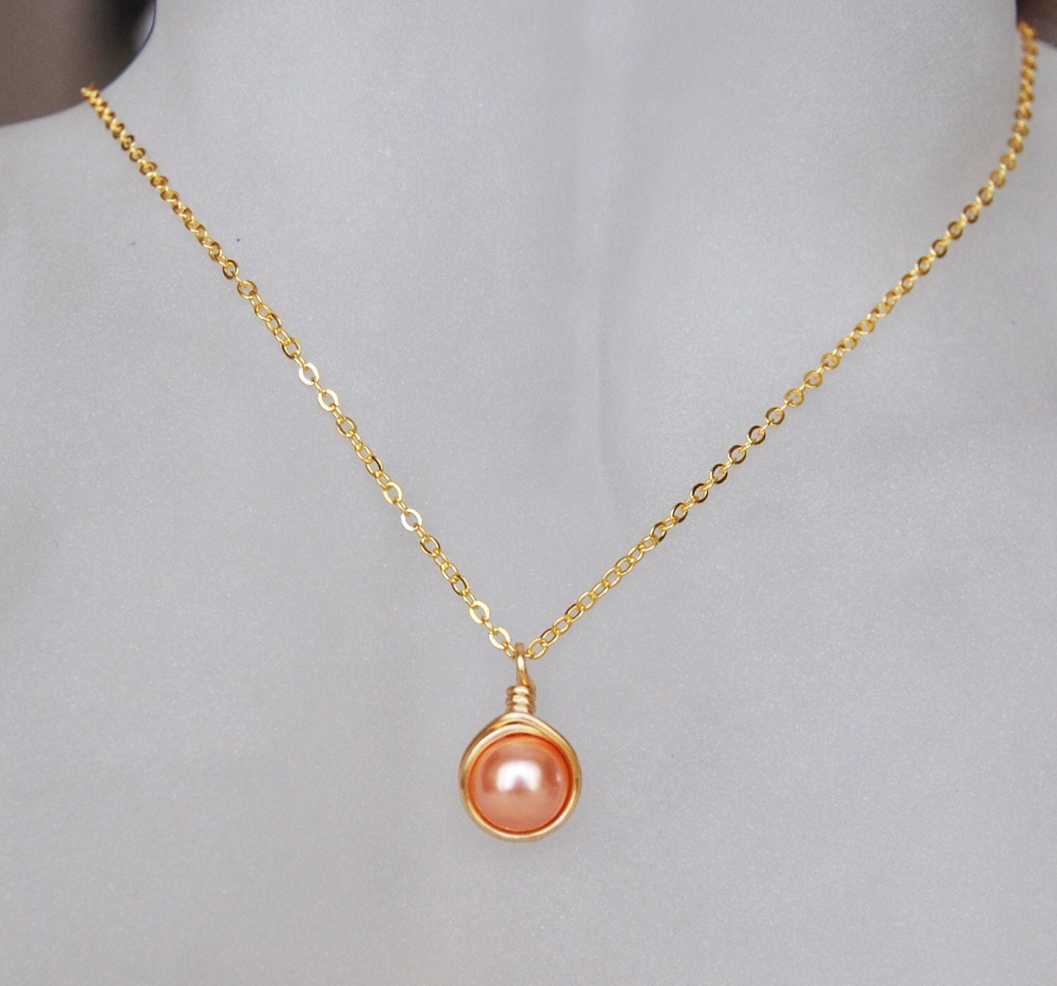 Rose Peach Necklace , Bridesmaid Necklace , Rose Pink Necklace , Glass Pearl Necklace