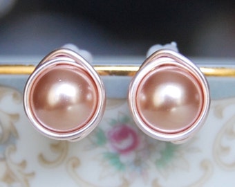 Rose Gold Earrings , Bridesmaid Earrings , Rose Gold Studs , Glass Pearl Studs