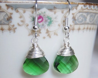 Green Dangle Earrings , Wire Wrapped Dangle Earrings , Bridesmaids Earrings