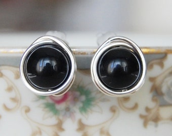 Black Onyx Earrings , Black Studs , Silver Black Earrings , Gold Wire Wrapped Post Earrings