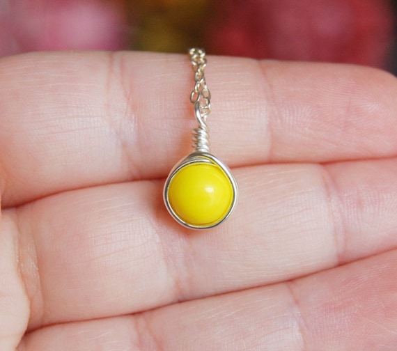 Simple Yellow Necklace , Bridesmaid Necklace , Yellow Silver Necklace , Czech Glass Necklace