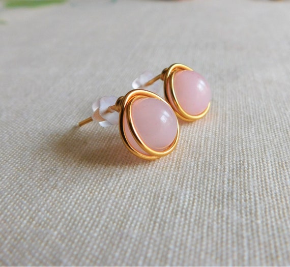 Rose Quartz Studs ,  Light Pink Earrings , Wire Wrapped Rose Quartz Earrings , Bridesmaid Earrings ,