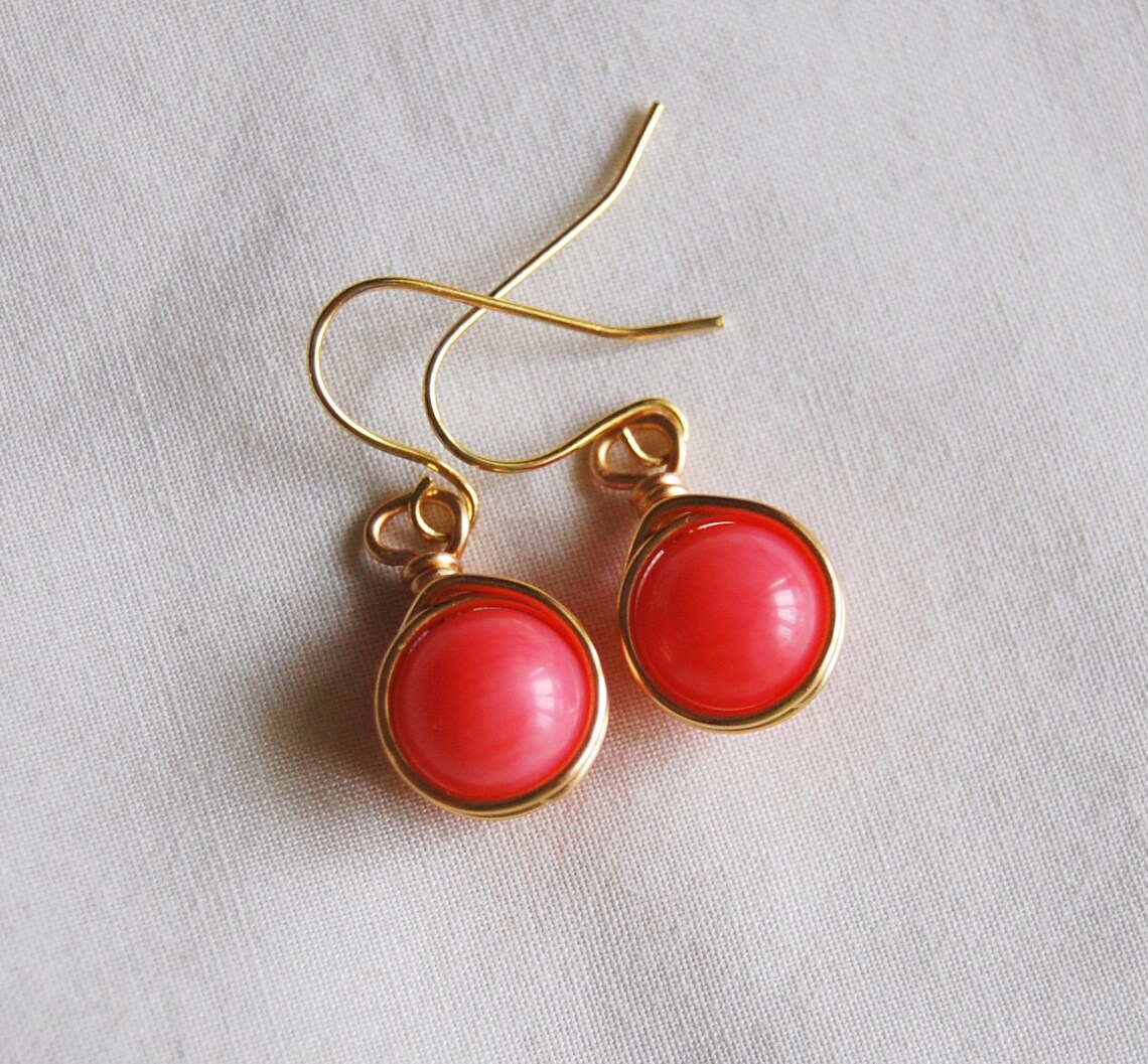 Pink Coral Earrings Bridesmaid Earrings Gold Drop Earrings | Etsy