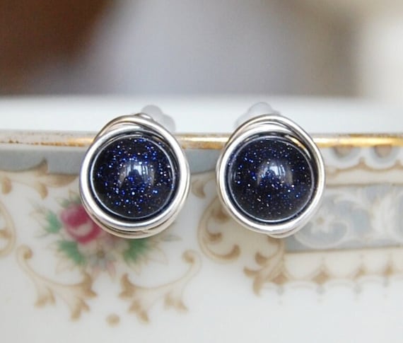 Blue Goldstone Earrings , Bridesmaids Earrings , Wire Wrapped Studs , Navy Post Earrings , Silver Goldstone Earrings