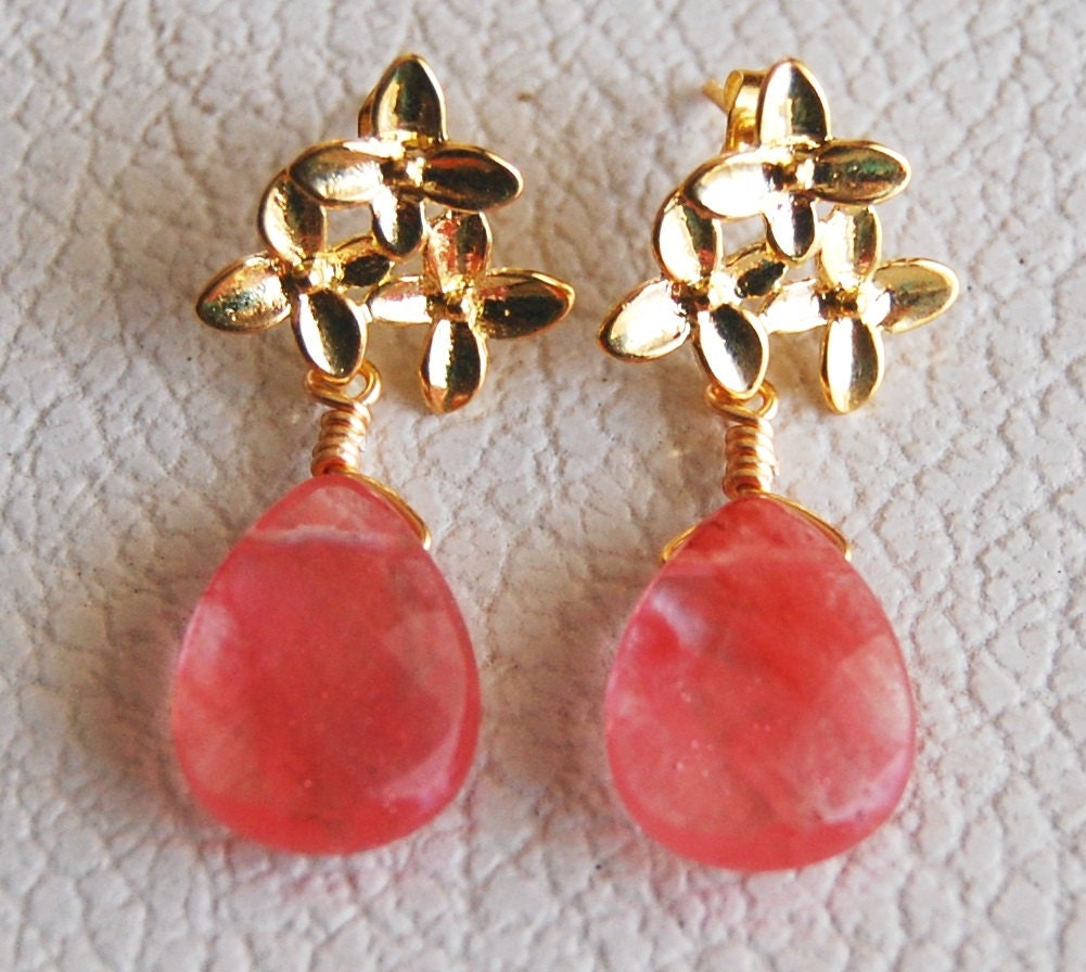 Pink Coral Earrings Cherry Quartz Earrings Gold Post Etsy