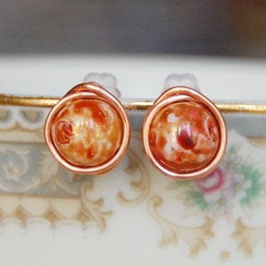 Copper Stud Earrings , Copper Glass Earrings , Fall Earrings