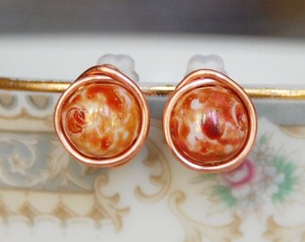 Copper Stud Earrings , Copper Glass Earrings , Fall Earrings