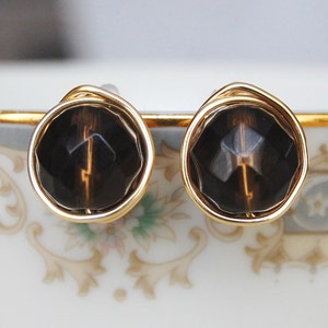 Smokey Quartz Studs , Brown Gold Studs , Smokey Quartz Earrings , Wire Wrapped Studs