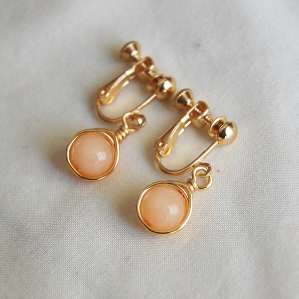 Peach Clip On Earrings , Peach Screw Back Earrings , Peach Gold Earrings, Screw Back Earrings