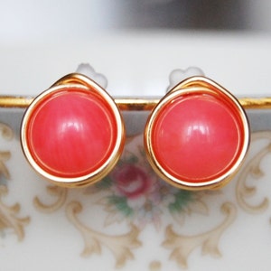 Pink Coral Earrings , Bridesmaid Earrings , Pink Coral Studs , Gold Wire Wrapped Post Earrings