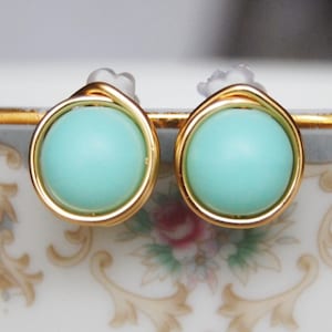 Mint Stud Earrings ,  Bridesmaid Earrings , Mint Earrings , Wire Wrapped Studs