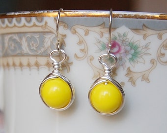 Yellow Earrings , Bridesmaid Earrings , Silver Drop Earrings , Bright Yellow Jewelry