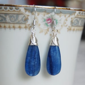 Kyanite Earrings , Gemstone Earrings , Blue Silver Earrings , Wire Wrapped Dangle Earrings