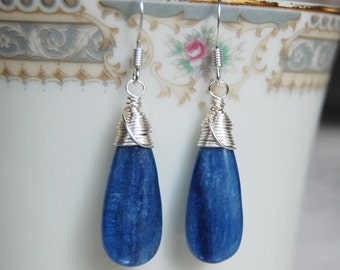 Kyanite Earrings , Gemstone Earrings , Blue Silver Earrings , Wire Wrapped Dangle Earrings