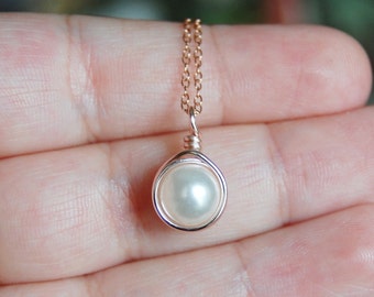 Rose Gold White Pearl Necklace , June Birthstone Necklace , White Pearl Necklace