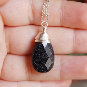 Blue Goldstone Necklace , Navy Silver Necklace , Silver Blue Goldstone Pendant