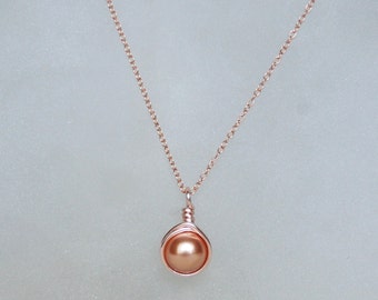 Rose Gold Pearl Necklace , Glass Pearl Necklace , Rose Gold Jewelry