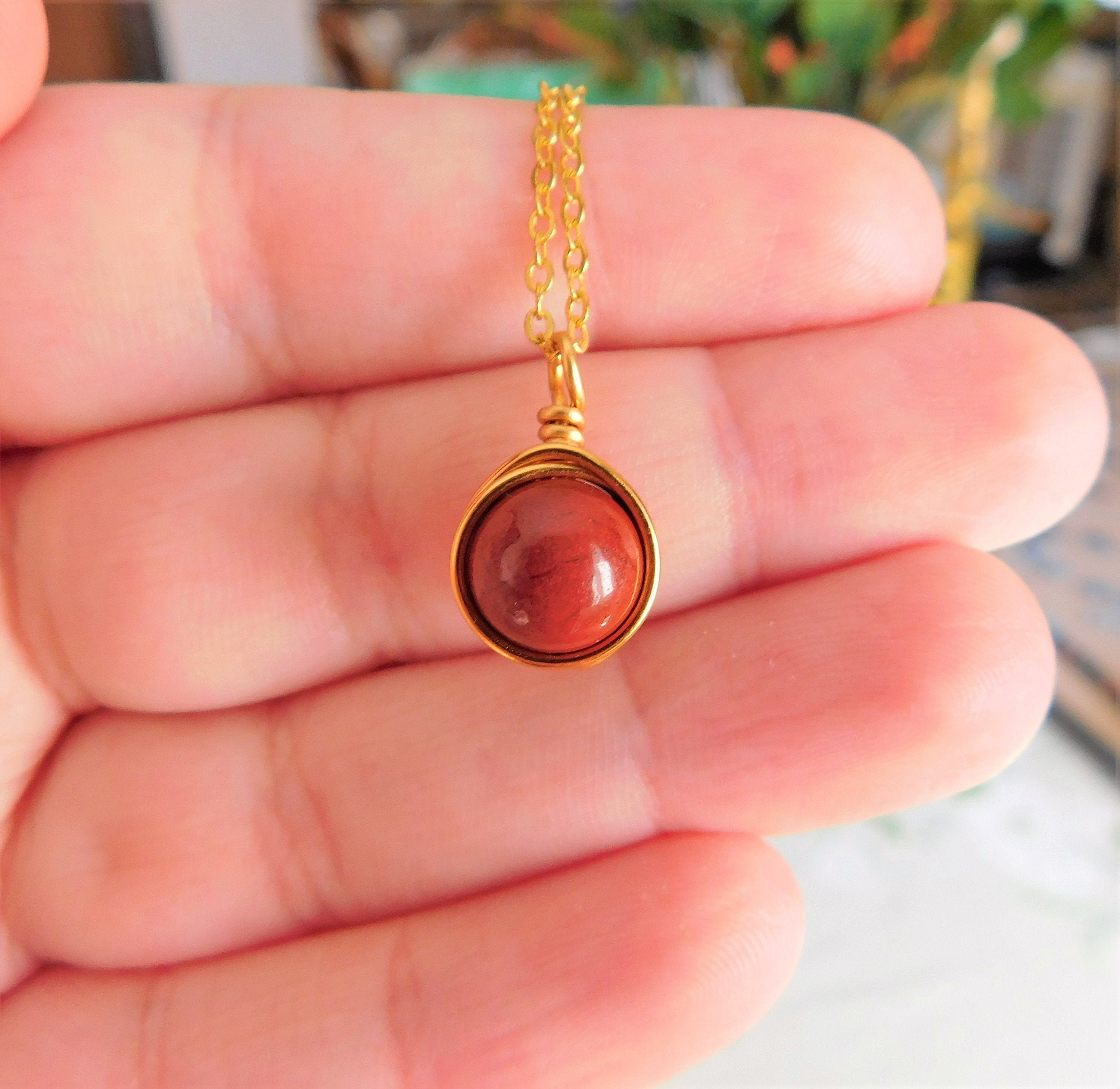 Red Jasper Necklace , Reddish Brown Crystal Necklace , Simple Red Jasper Pendant