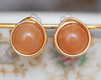 Dark Peach Studs ,  Bridesmaid Earrings , Aventurine Earrings , Apricot Earrings , Gold Wire Wrapped Post Earrings