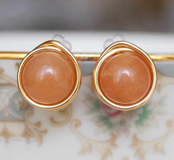 Dark Peach Studs ,  Bridesmaid Earrings , Aventurine Earrings , Apricot Earrings , Gold Wire Wrapped Post Earrings