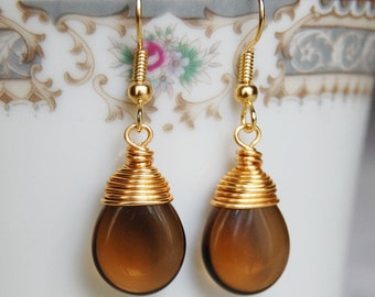 Brown and Gold Earrings , Imitation Smokey Quartz Earrings , Fall Earrings , Wire Wrapped Dangle Earrings