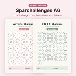 May include: Two A6 savings challenge cards with a light background. The left card features an Advent challenge with 24 numbered circles and a 300 Euro goal. The right card shows a 1,000 Euro challenge with 50 numbered circles and a 1,000 Euro goal.