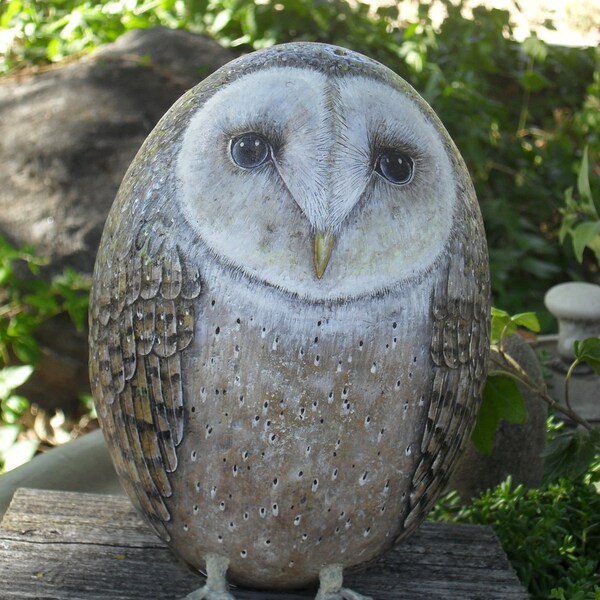 Old Barn Owl Rock Waiting OOAK Hand Painted Rock Sculpture