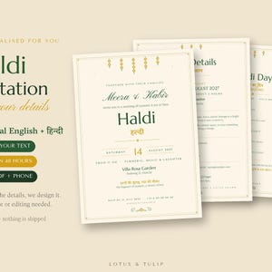 May include: A set of three cream-colored Haldi invitation cards featuring dark green and gold text. The cards display the names Meera and Kabir, the date August 14, 2027, and event details in both English and Hindi, accented with gold decorative borders.