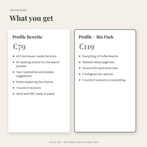 May include: A service menu titled What you get featuring two packages: Profile Rewrite for 79 euros and Profile + Bio Pack for 119 euros. The list details inclusions like bio boxes, search previews, specialties, website text, and revisions.
