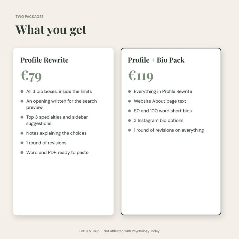 May include: A service menu titled What you get featuring two packages: Profile Rewrite for 79 euros and Profile + Bio Pack for 119 euros. The list details inclusions like bio boxes, search previews, specialties, website text, and revisions.