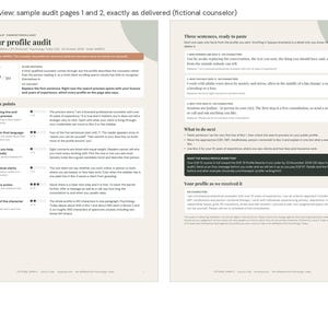 K&ouml;nnte beinhalten: Zwei Seiten eines Dokuments mit dem Titel Your profile audit, das Text, Aufz&auml;hlungspunkte und nummerierte Listen enth&auml;lt. Das Layout umfasst Abschnitte f&uuml;r sechs Analysepunkte, drei S&auml;tze zum Einf&uuml;gen und einen Profil&uuml;berpr&uuml;fungsbereich.