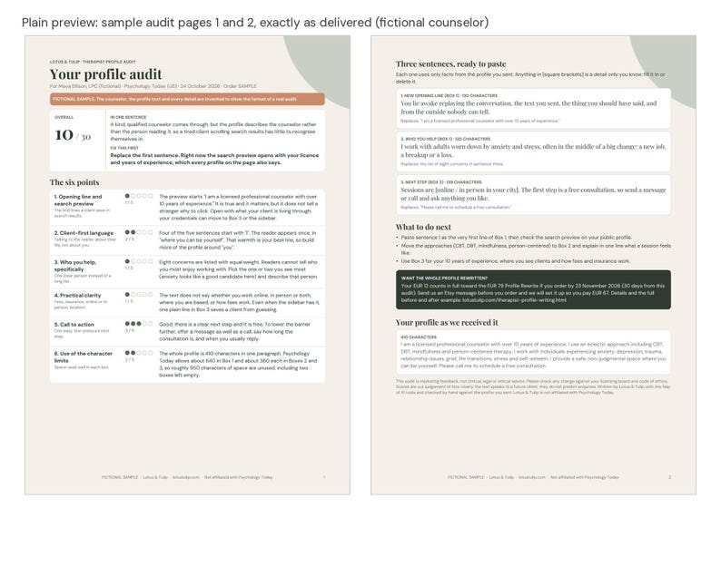 K&ouml;nnte beinhalten: Zwei Seiten eines Dokuments mit dem Titel Your profile audit, das Text, Aufz&auml;hlungspunkte und nummerierte Listen enth&auml;lt. Das Layout umfasst Abschnitte f&uuml;r sechs Analysepunkte, drei S&auml;tze zum Einf&uuml;gen und einen Profil&uuml;berpr&uuml;fungsbereich.