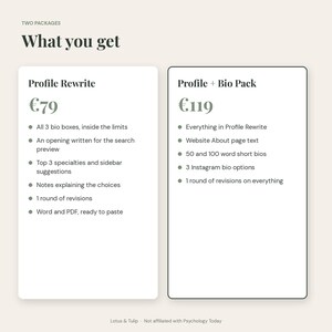 May include: A service comparison chart titled What you get, featuring two packages: Profile Rewrite and Profile + Bio Pack. The text lists specific deliverables for each, including bio boxes, search previews, website text, and revision rounds.
