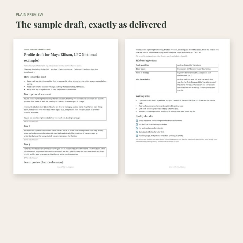 May include: A two-page document titled Profile draft for Maya Ellison, LPC, featuring structured text boxes for a personal statement, therapy approach, and contact details, alongside a sidebar with specialty suggestions and a quality checklist.