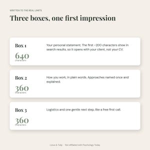 May include: An infographic titled Three boxes, one first impression with the subtitle Written to the real limits. It displays three white rectangular boxes labeled Box 1, Box 2, and Box 3, each with character counts and descriptive text.