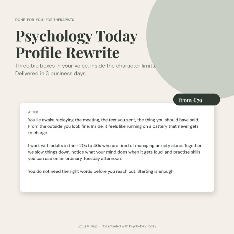May include: A digital graphic advertisement for a Psychology Today Profile Rewrite service. The text includes the title, a description of three bio boxes, and a sample after-rewrite text block. The design features a cream background with a sage green circle.